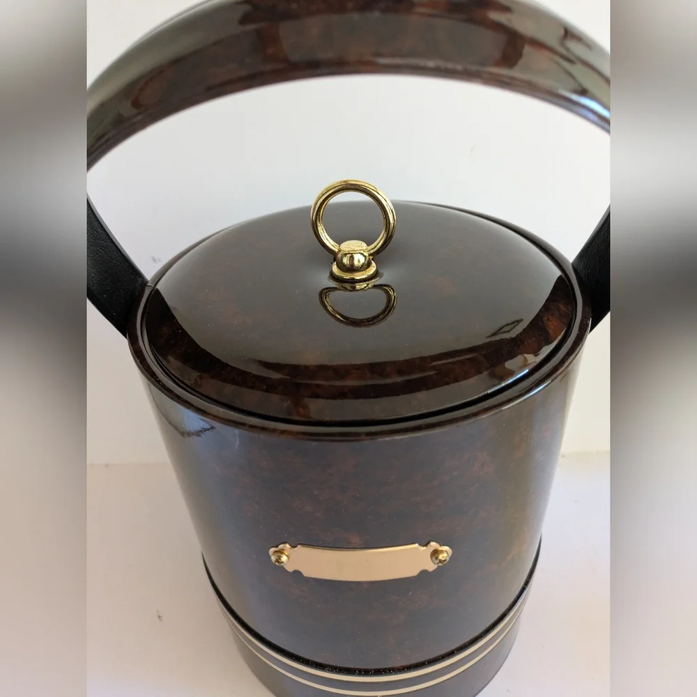 Ice Bucket Faux Tortoise With Lid Vintage Made USA Monogram Letters Thongs